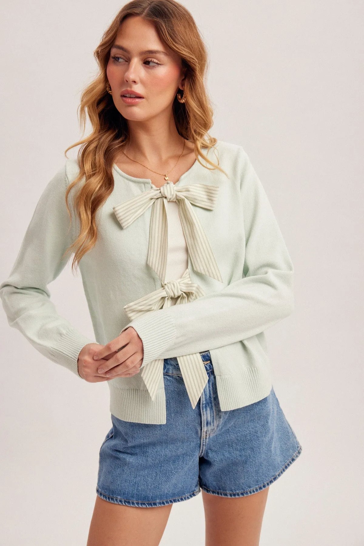 Mint green knit Striped Ribbon Bow Contrast Cardigan with front bow