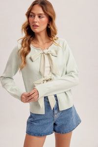 Mint green knit Striped Ribbon Bow Contrast Cardigan with front bow