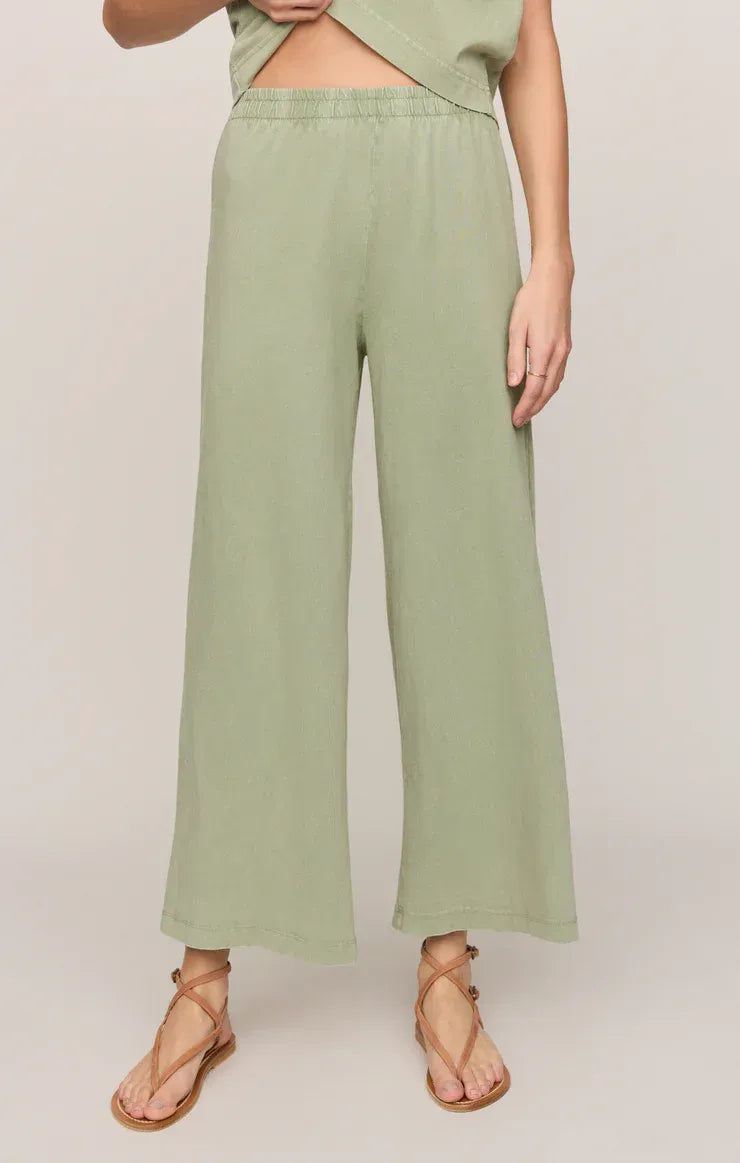 Scout jersey cropped mint green wide-leg pants with soft flowing fabric and elastic waistband for comfortable wear