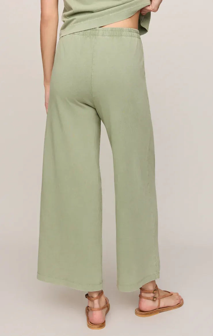 Mint green scout jersey cropped pants with wide-leg design soft flowing fabric and elastic waistband for comfort
