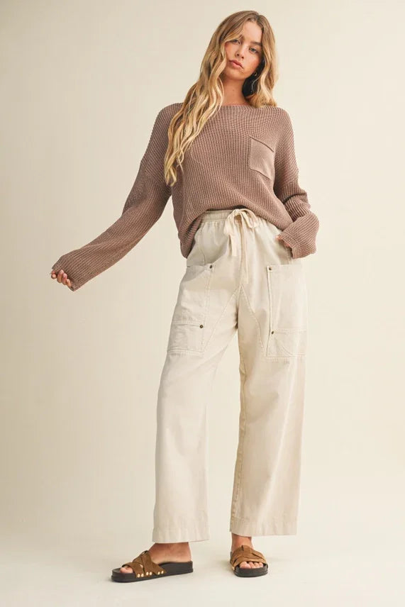 Model in taupe ribbed knit sweater with front pocket and Side Pocket Wide Pants