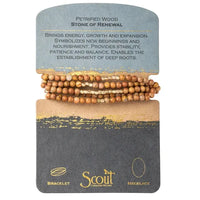 Natural gemstone stone wrap bracelet with petrified wood beads in earthy brown and tan tones on branded card