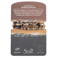 Natural gemstone stone wrap bracelet with earthy tourmaline beads and metallic accents on branded display card