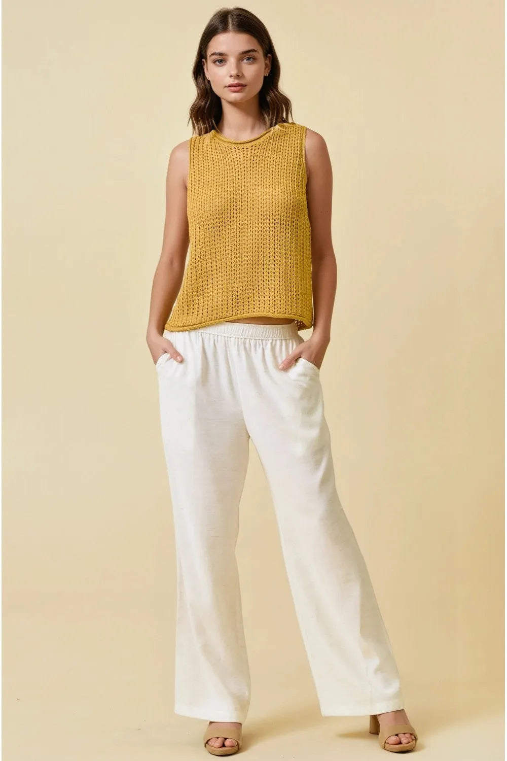 Mustard yellow open stitch sweater round neck tank top knitted sleeveless top with a loose fit