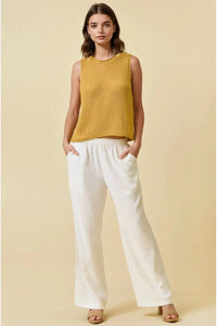 Mustard yellow open stitch sweater round neck tank top knitted sleeveless top with a loose fit