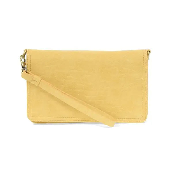 Billie mini organizer crossbody bag in mustard-yellow suede with matching wrist strap and gold-tone hardware