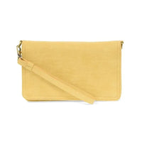 Billie mini organizer crossbody bag in mustard-yellow suede with matching wrist strap and gold-tone hardware