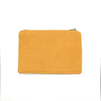 A mustard-yellow suede penny mini travel zipper pouch with a rectangular design and metallic hardware compact wallet