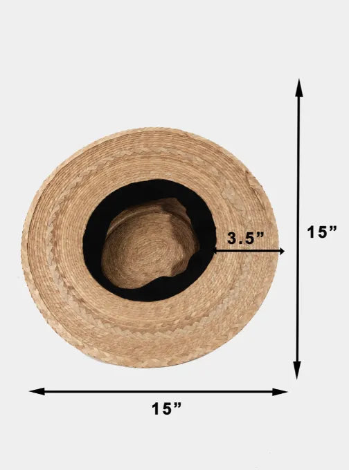 Palm leaf beach hat made of natural straw with black inner lining and woven texture, 15 inches diameter beach hat