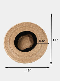 Palm leaf beach hat made of natural straw with black inner lining and woven texture, 15 inches diameter beach hat