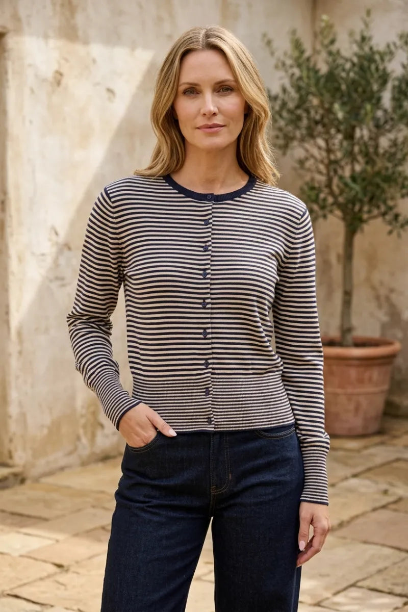 A navy and beige striped long-sleeved cardigan with round neck ribbed hem and front button closure