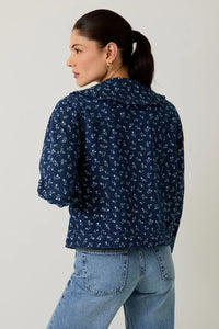Navy blue pockets denim jacket with floral collar and white floral pattern