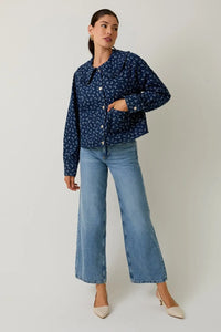 Navy blue floral collar pockets denim jacket with white floral blouse