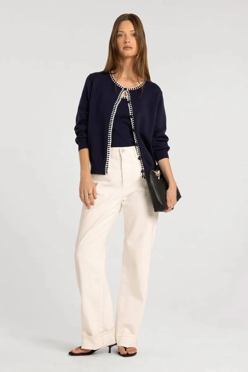 Navy blue THREAD and SUPPLY PIPPA cardigan with pearl embellishments along the front opening and neckline