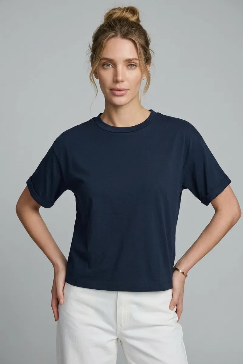 Navy blue cotton harbor modal tee with relaxed fit and short sleeves for comfortable casual wear