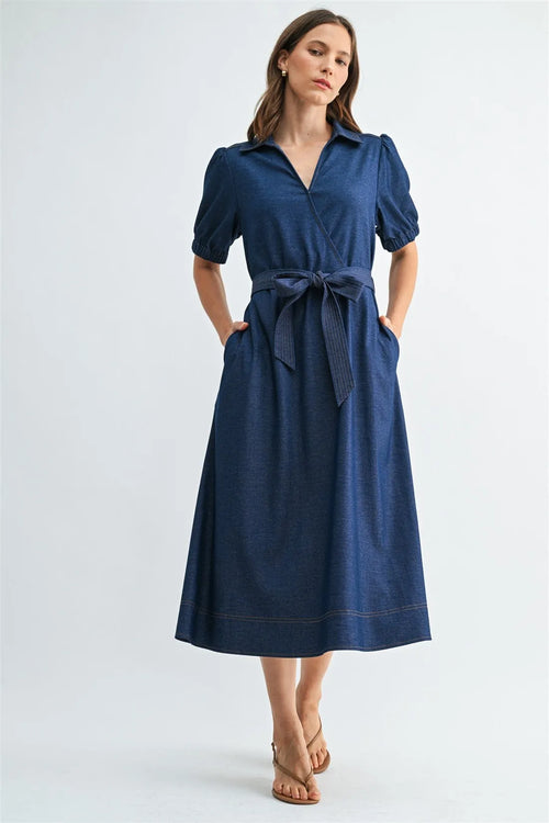 Navy blue cotton short sleeve wrap midi dress with collar puff sleeves and tie waist self-tie belt design