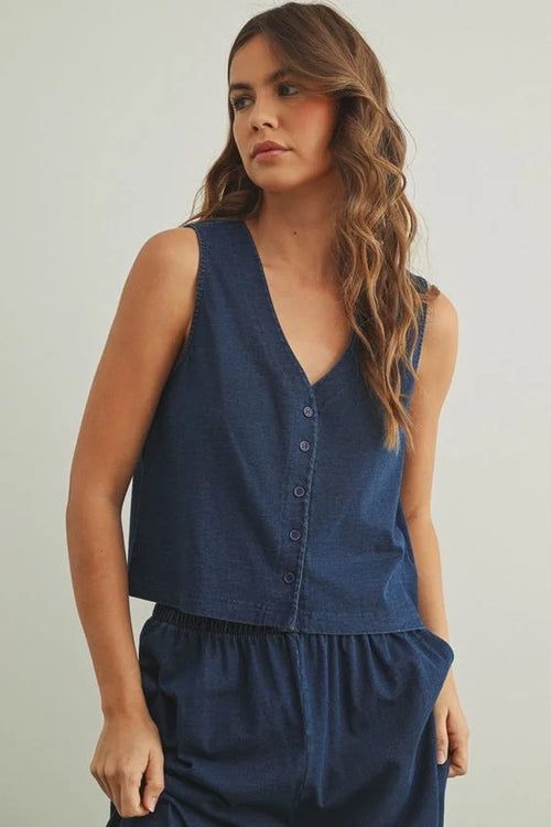 Navy blue wash knitted sleeveless v-neck top, shop Daisy boho chic