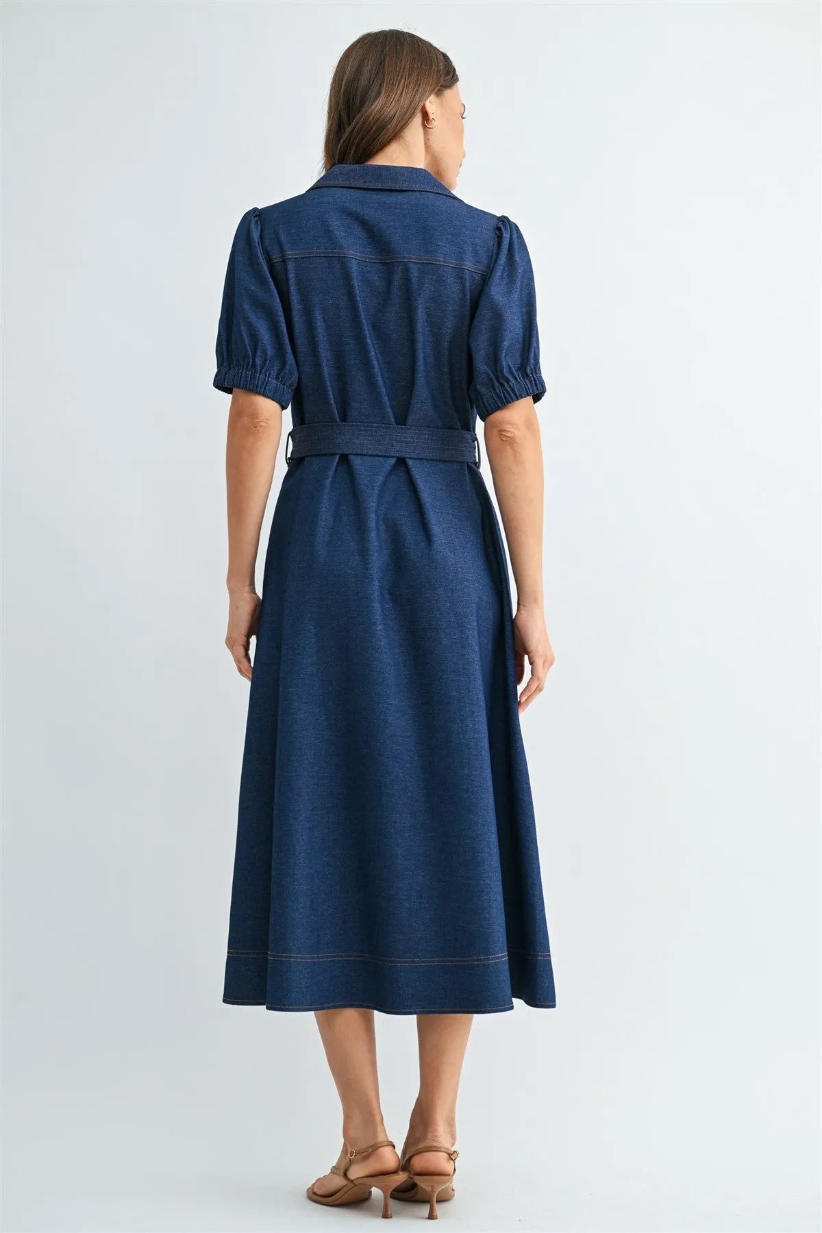 A navy blue denim midi short sleeve wrap dress with collar puff sleeves and a tie waist belt