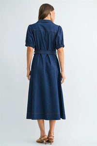 A navy blue denim midi short sleeve wrap dress with collar puff sleeves and a tie waist belt