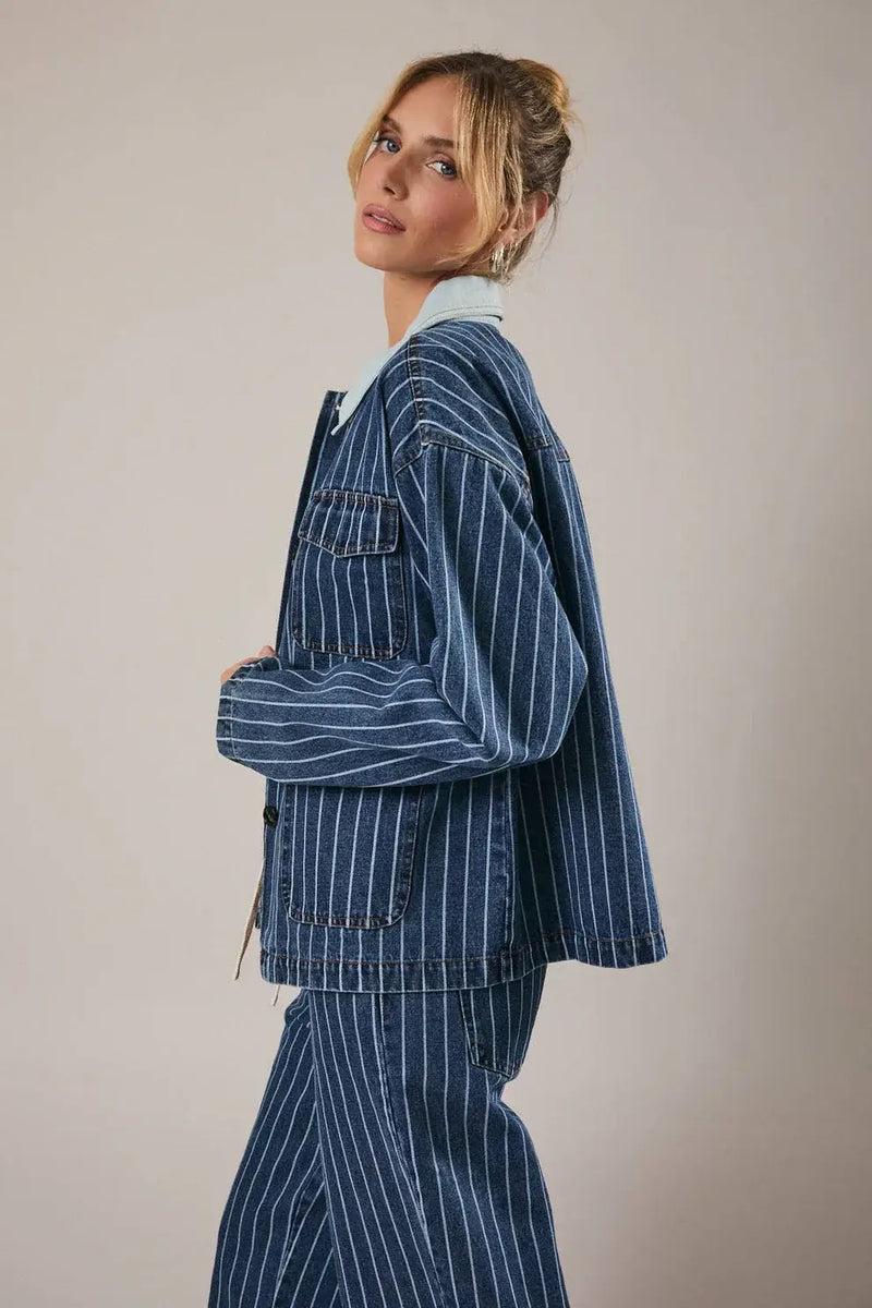 Stripe oversized collar denim jacket in navy blue with white pinstripes