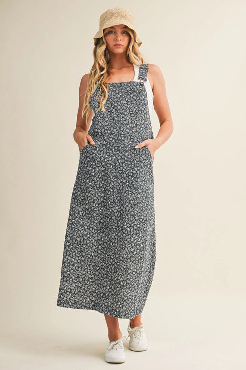 Ditsy floral navy sleeveless overall dress with white trim, shop daisy
