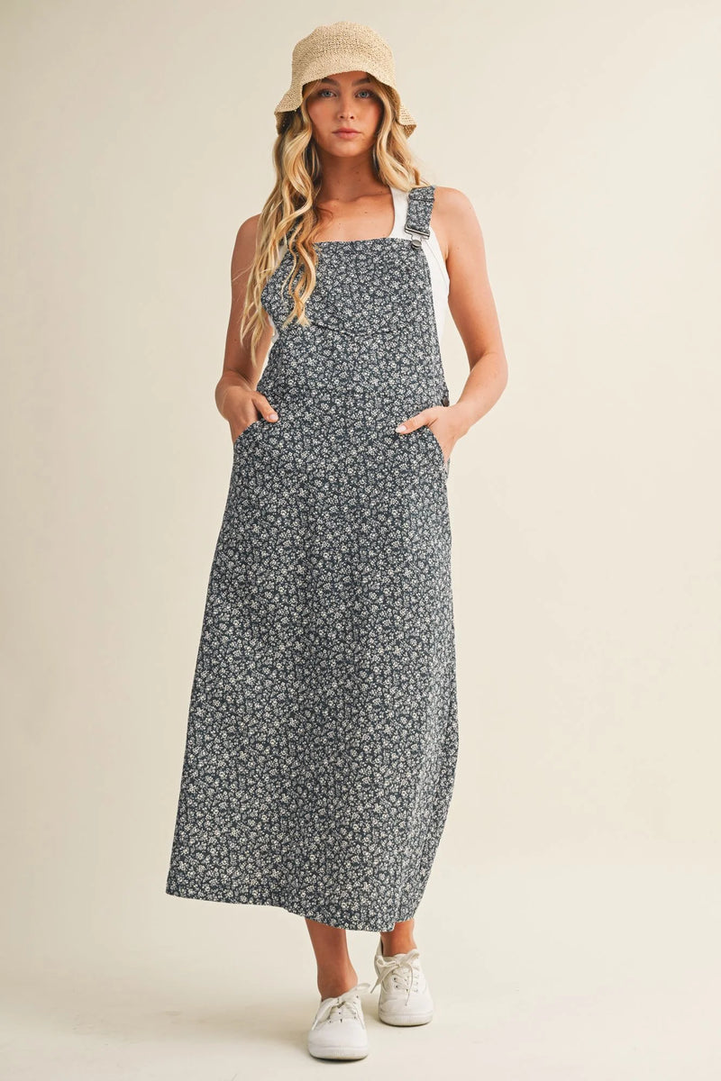 Ditsy floral navy sleeveless overall dress with white trim, shop daisy