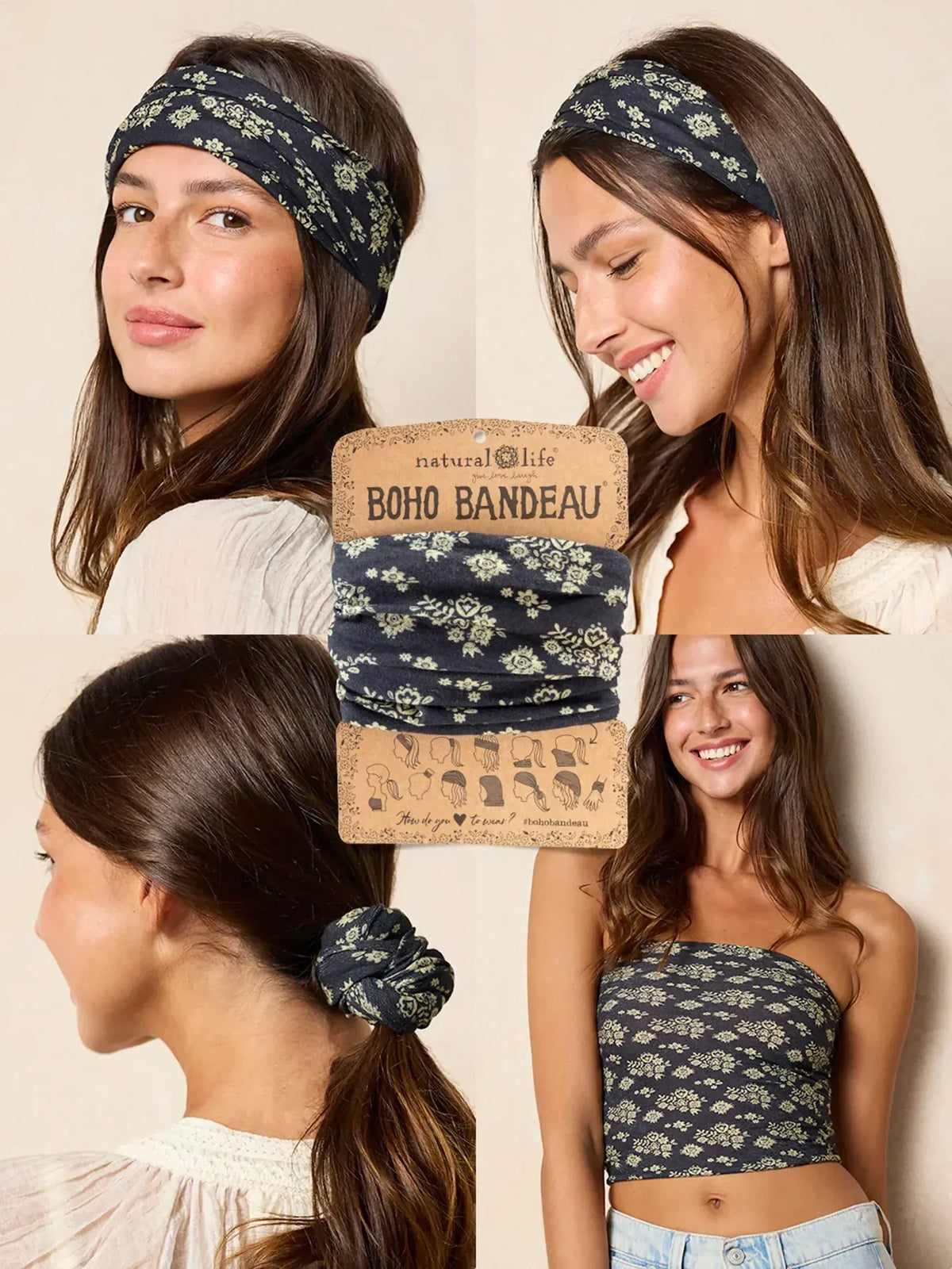 Navy blue floral boho bandeau headband with matching scrunchie and crop top accessory set black cluster medallions
