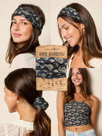 Navy blue floral boho bandeau headband with matching scrunchie and crop top accessory set black cluster medallions