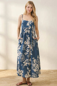Navy blue floral print back cut off cami midi dress with thin spaghetti straps and relaxed fit midi dress design