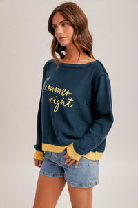 Summer night graphic sweater in navy blue with gold lettering