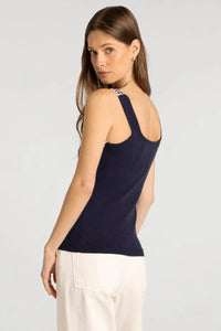 Navy blue knit brittania tank with white and navy striped shoulder straps by Thread and Supply