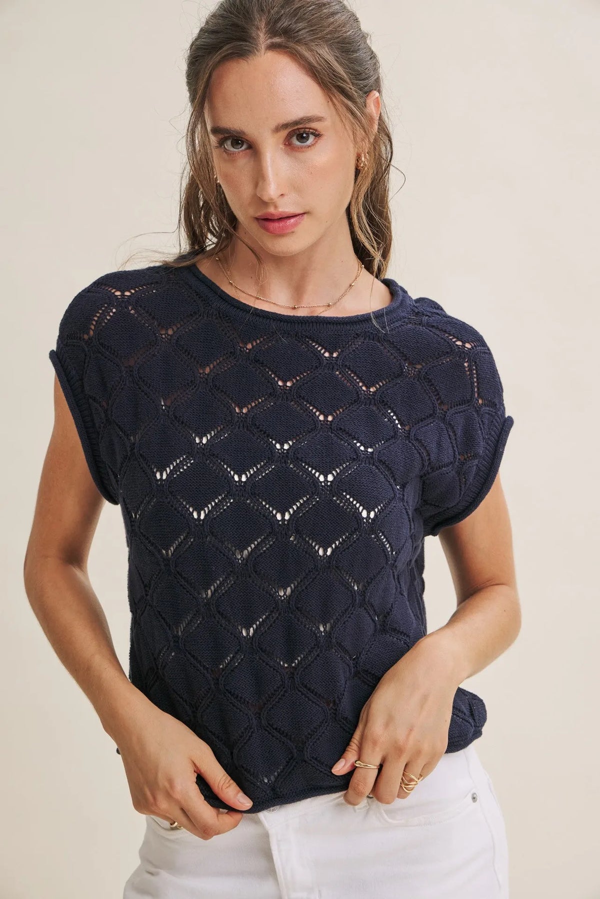 Navy blue harbor cable knit cotton sweater top with diamond-patterned lace design and short sleeves