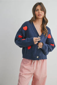 Navy blue heart pattern cropped V neck cardigan with red appliques and silver buttons
