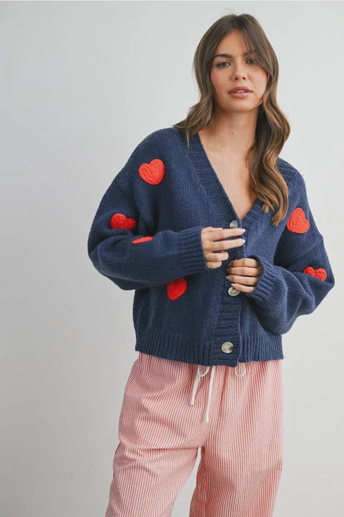 Navy blue heart pattern cropped V neck cardigan with red appliques and silver buttons
