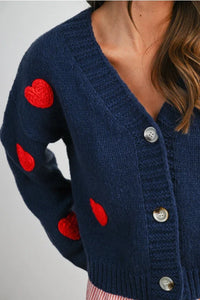 Navy blue heart pattern cropped V neck cardigan with red appliques and silver buttons