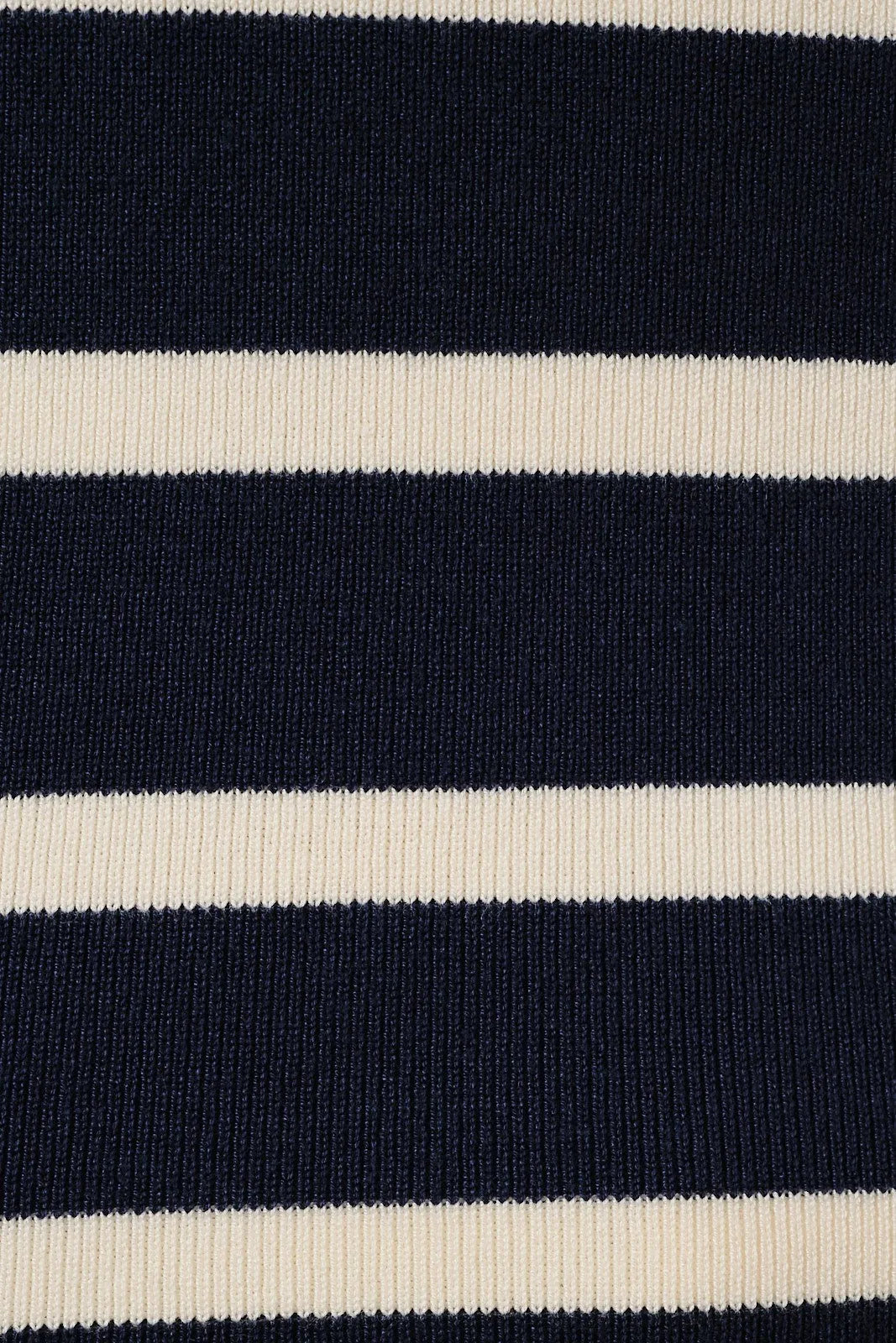 Navy blue and off-white ribbed knit fabric of a round neck short sleeve striped top showing front detail