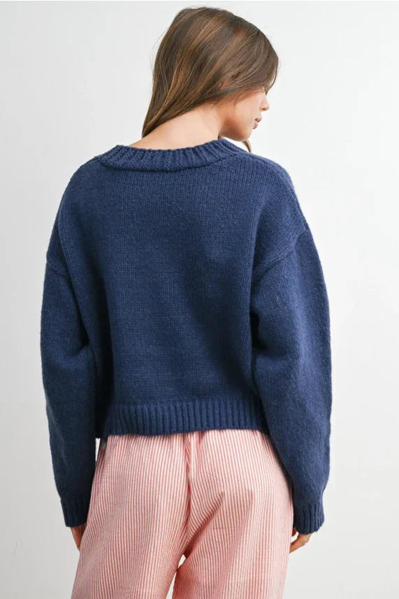 Heart pattern cropped v neck cardigan in navy blue oversized knit