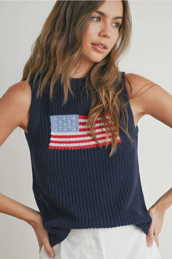 Navy blue flag print knitted sleeveless top with American flag patch