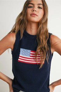 Navy blue flag print knitted sleeveless top with American flag patch