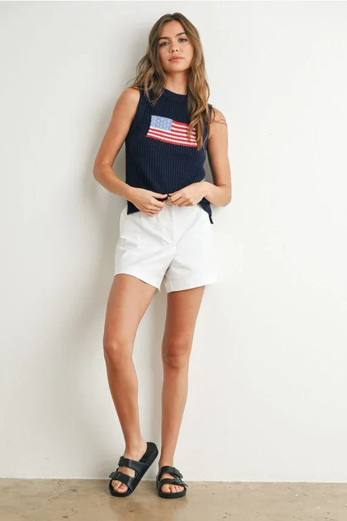 Navy blue flag print knitted sleeveless top with embroidered American flag