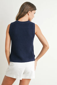 Flag print knitted sleeveless top in navy blue ribbed knit