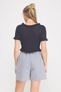 Navy blue pointelle knit ruffle tie short sleeve bolero top with ribbed texture and ruffled neckline