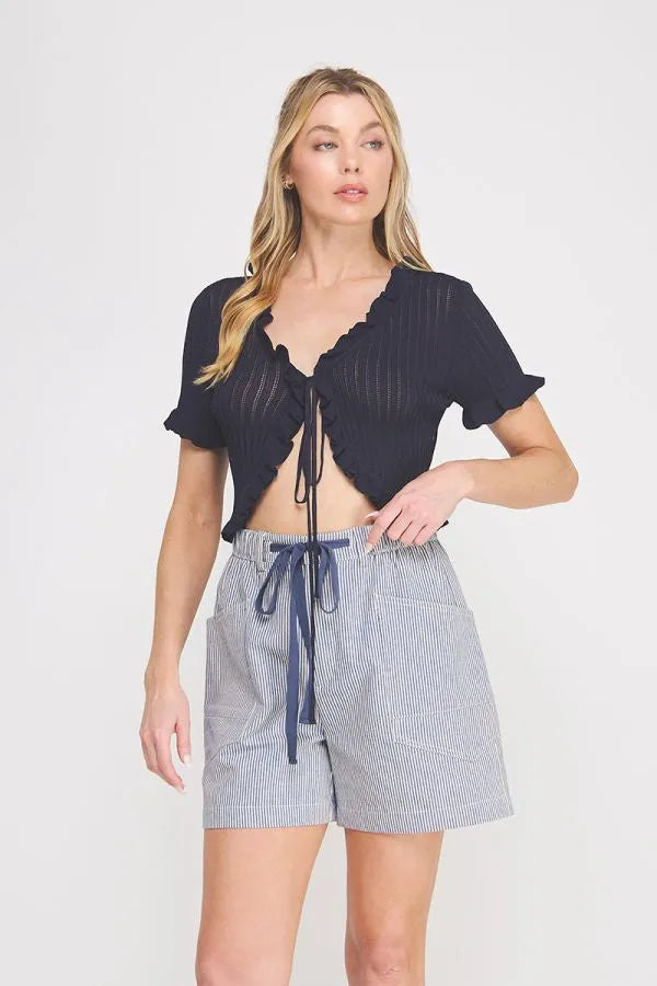 Navy blue pointelle knit ruffle tie short sleeve bolero crop top with front tie detail for stylish layering