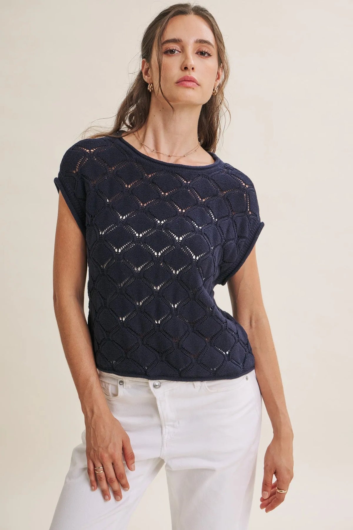 Navy blue harbor cable knit cotton sweater top with short sleeves and diamond-patterned lace overlay