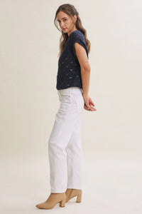 Harbor cable knit cotton sweater top in navy blue with short sleeves and subtle diamond-patterned texture