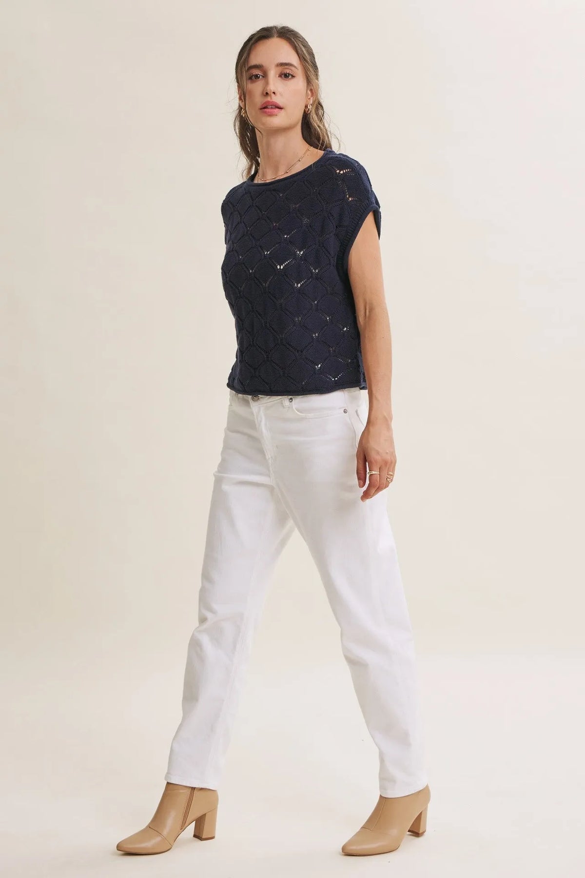 Navy blue harbor cable knit cotton sweater top featuring a textured patterned design and short sleeves