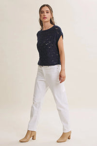 Navy blue harbor cable knit cotton sweater top featuring a textured patterned design and short sleeves