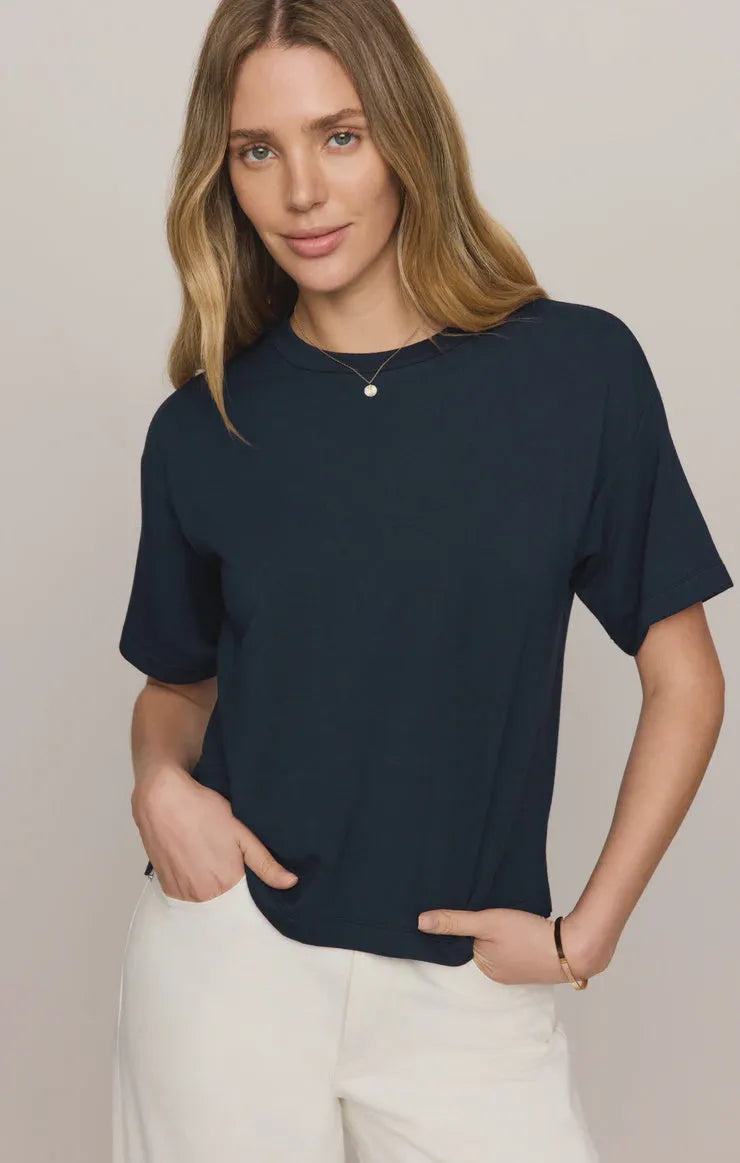 Navy blue short-sleeved cotton harbor modal tee with relaxed fit and round neckline for casual wear