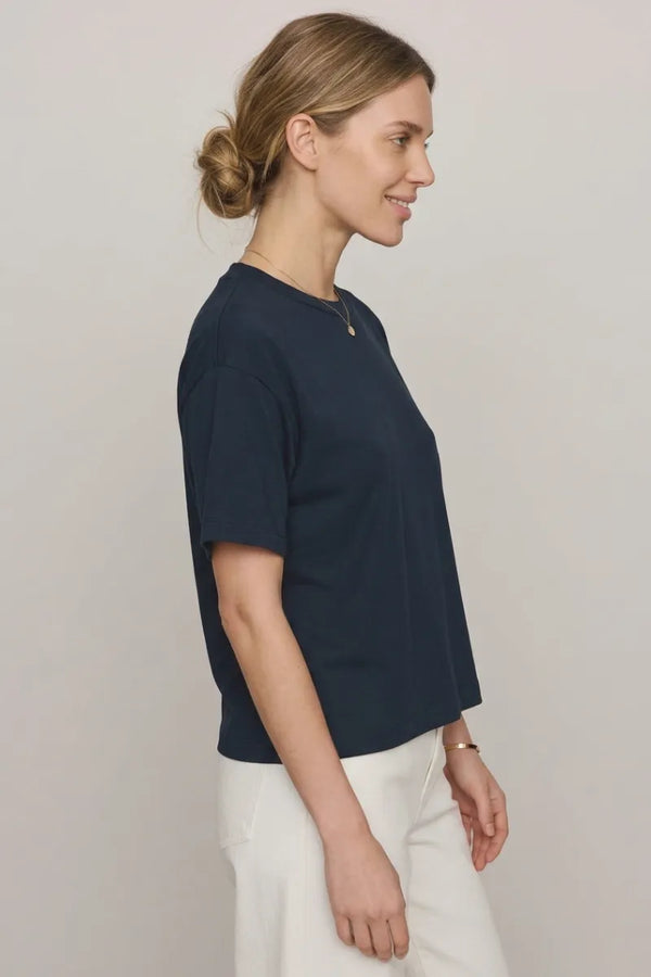 Navy blue harbor modal tee with short sleeves, relaxed fit, and subtle side seam detailing in soft modal fabric
