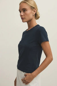 Navy blue junie cotton basic tee with short sleeves and a simple round neckline made from soft cotton basic fabric